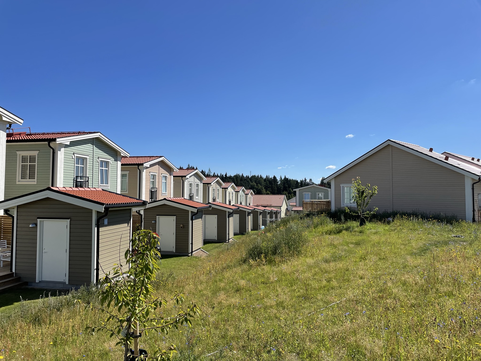 Bild på Kedjehus på baksidan med synliga förråd, gröna ytor och solklar himmel.